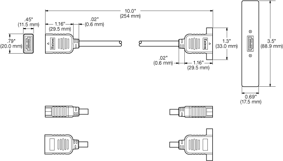 1 个 HDMI 插座对 10" 引线上的插座 Panel Drawing