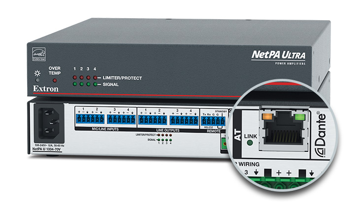 显示 Dante 网络端口的 NetPA Ultra 后面板。