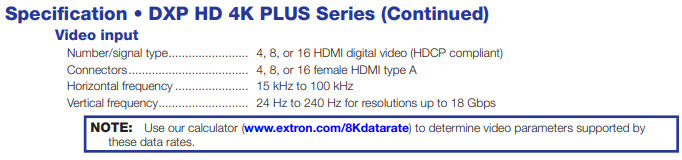  DXP HD 4K PLUS 系列的产品技术参数节选，显示了数量/信号类型、连接器以及横向和纵向频率。