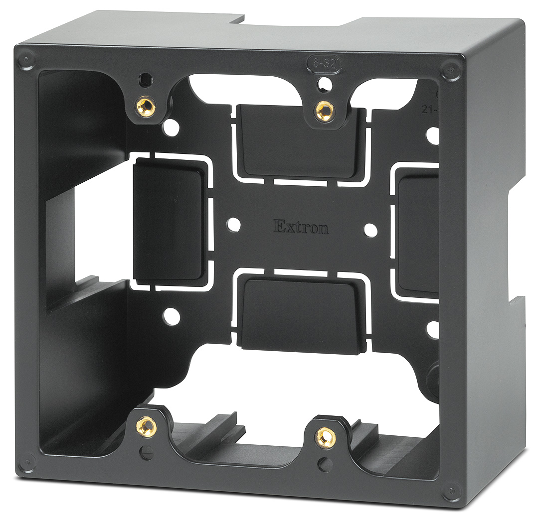 Two-gang wall box features four knockouts for external raceway channels in a black finish
