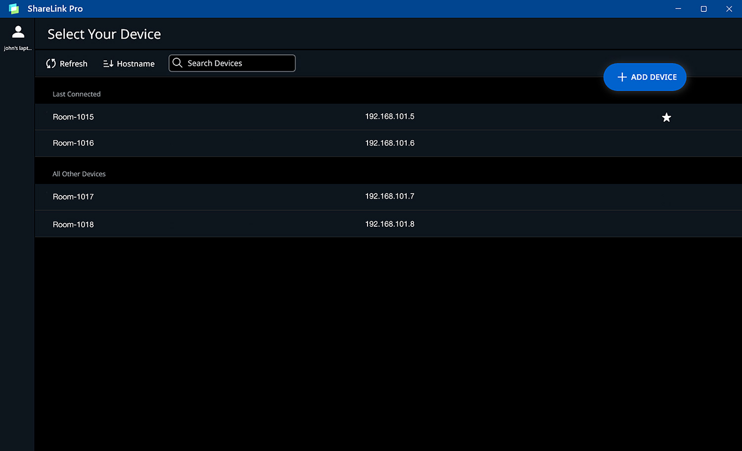 From the ShareLink Pro software select a ShareLink Pro 1100 to connect to