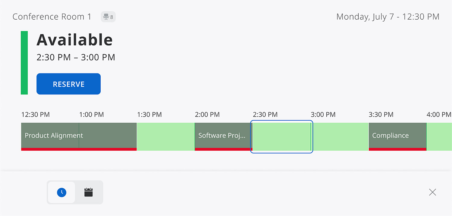Enlarged view of the modal pop-out on the TLSI 201 Wayfinding Interface featuring a light theme, and showing the ability to reserve a future meeting time for a maximum capacity of 8 people.
