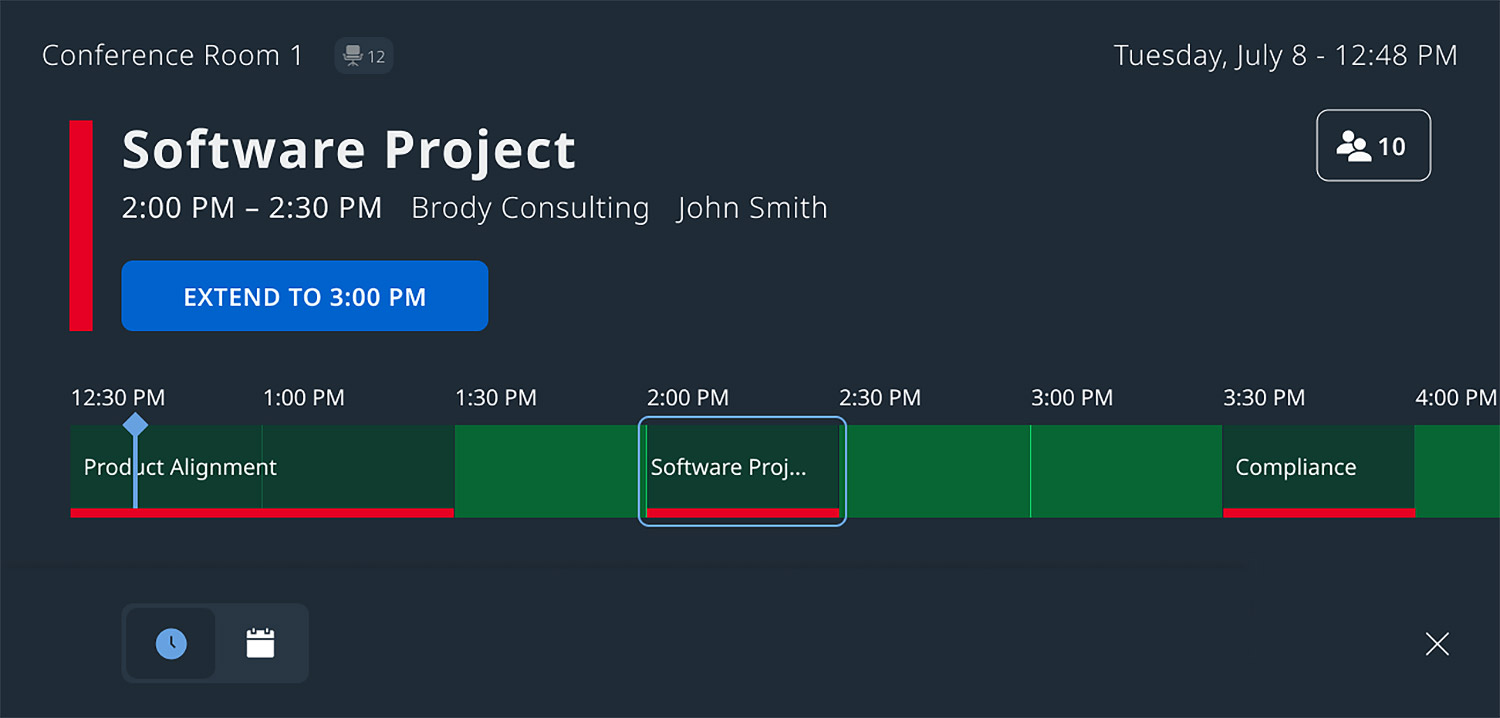 Enlarged view of the modal pop-out on the TLSI 201 Wayfinding Interface featuring a dark theme, and showing the ability to extend the Software Project meeting. The room capacity is a maximum of 12 people, and there are 10 attendees.