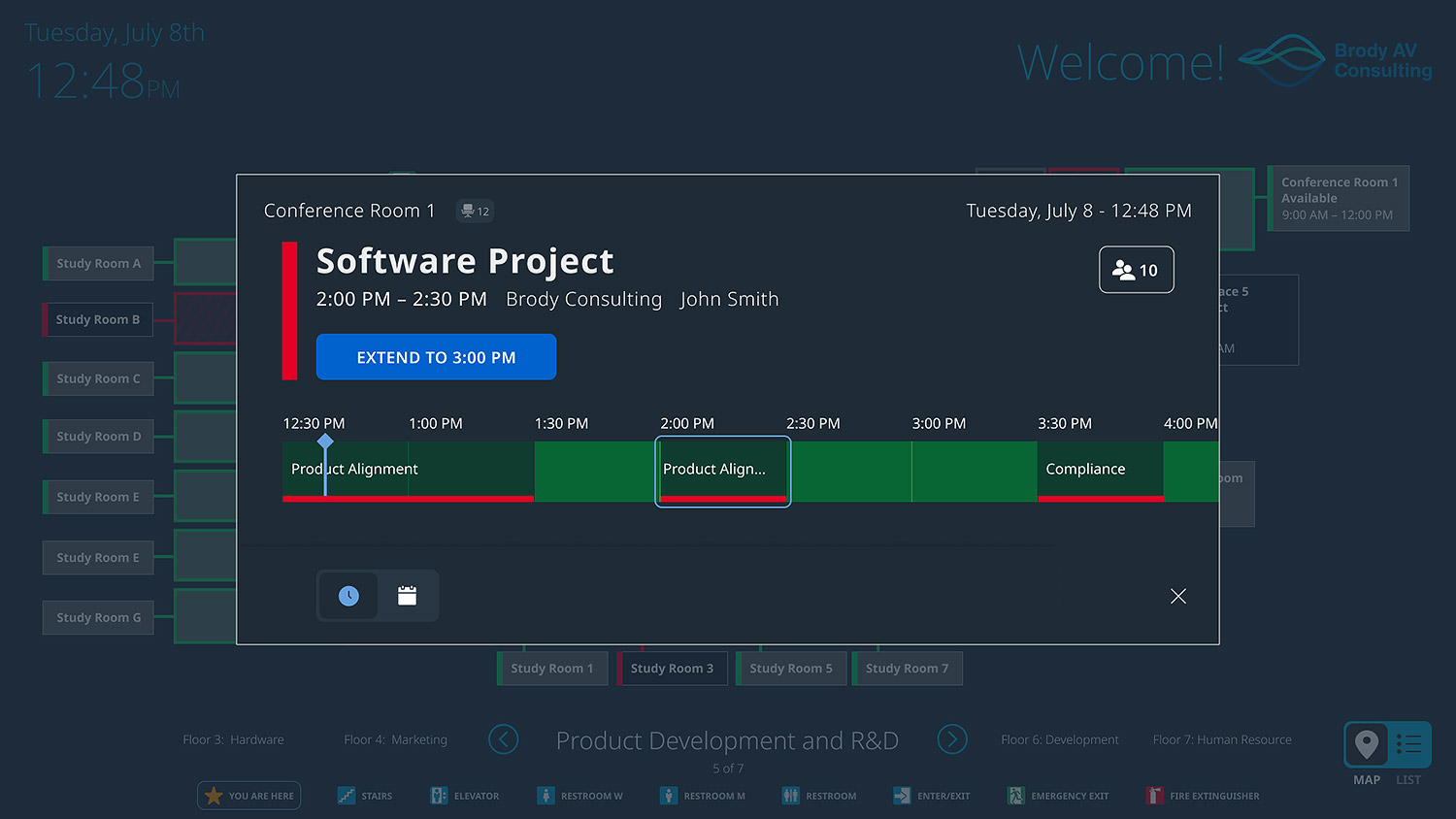 Use the TLSI 201 Wayfinding Interface to extend the Software Project meeting. This TLSI 201 is configured with Room Agent software for a dark themed background.