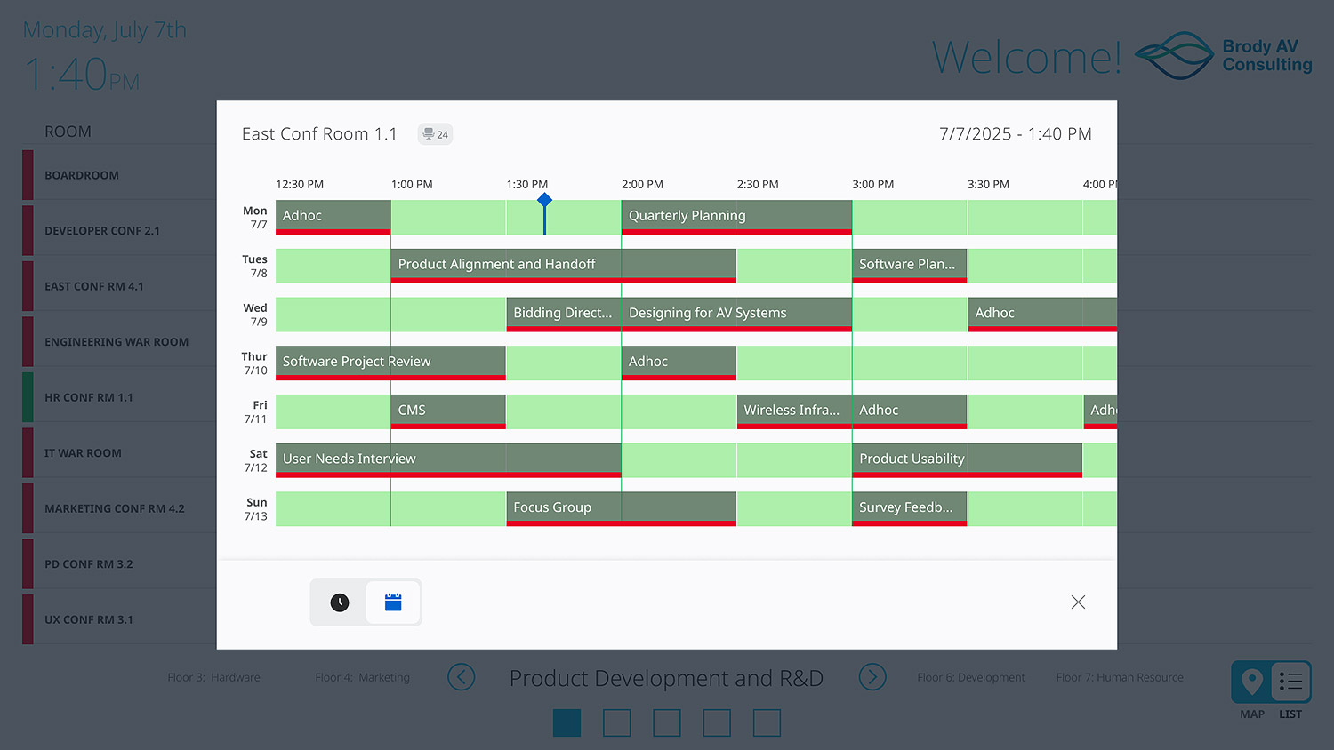 Use the TLSI 201 Wayfinding Interface to easily view a list of meeting spaces, room capacity, and availability for 7 days, starting with the current day. This TLSI 201 is configured with free Extron Room Agent software for a light themed background.