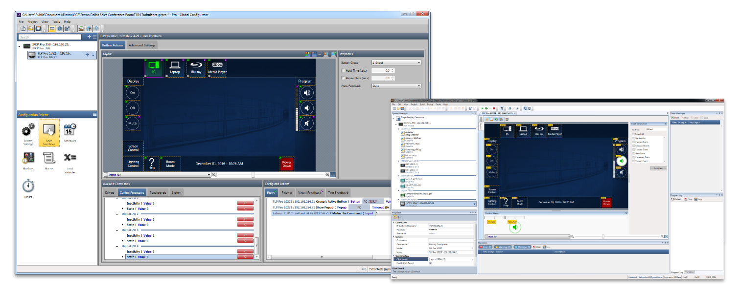 GC Pro 和 Global Scripter 软件用户界面截图。