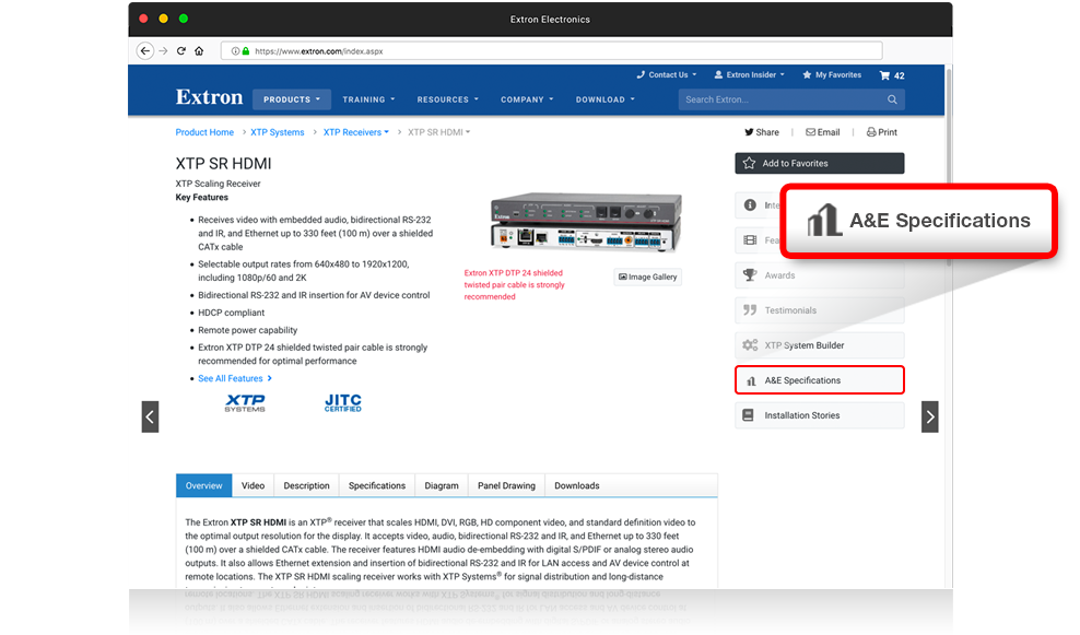 Extron 产品页面截图，重点提示 A&E 规范所在的位置。